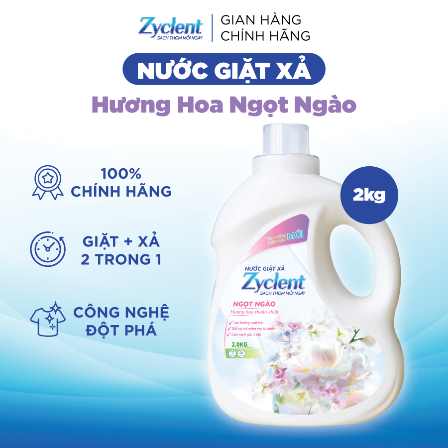 Thùng Nước Giặt Xả Zyclent Ngọt Ngào - Hương hoa thuần khiết (2kg x 8 can)