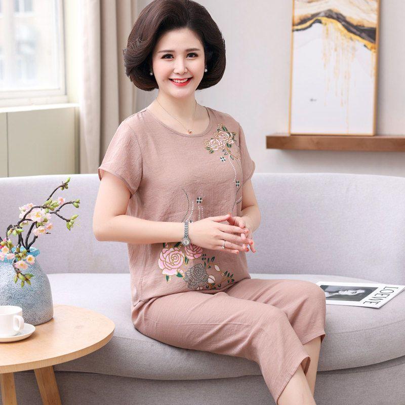 Đồ bộ trung niên cho mẹ, bộ đũi hoa hồng kiểu dáng sang trọng