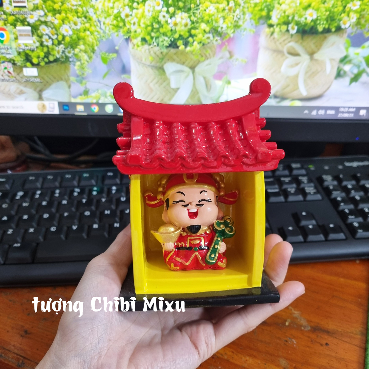 Bộ thờ cúng Miếu Thần.Tài (gồm miếu size đại + tượng Thần Tài 6cm) mô hình bàn thờ Thần Tài mini