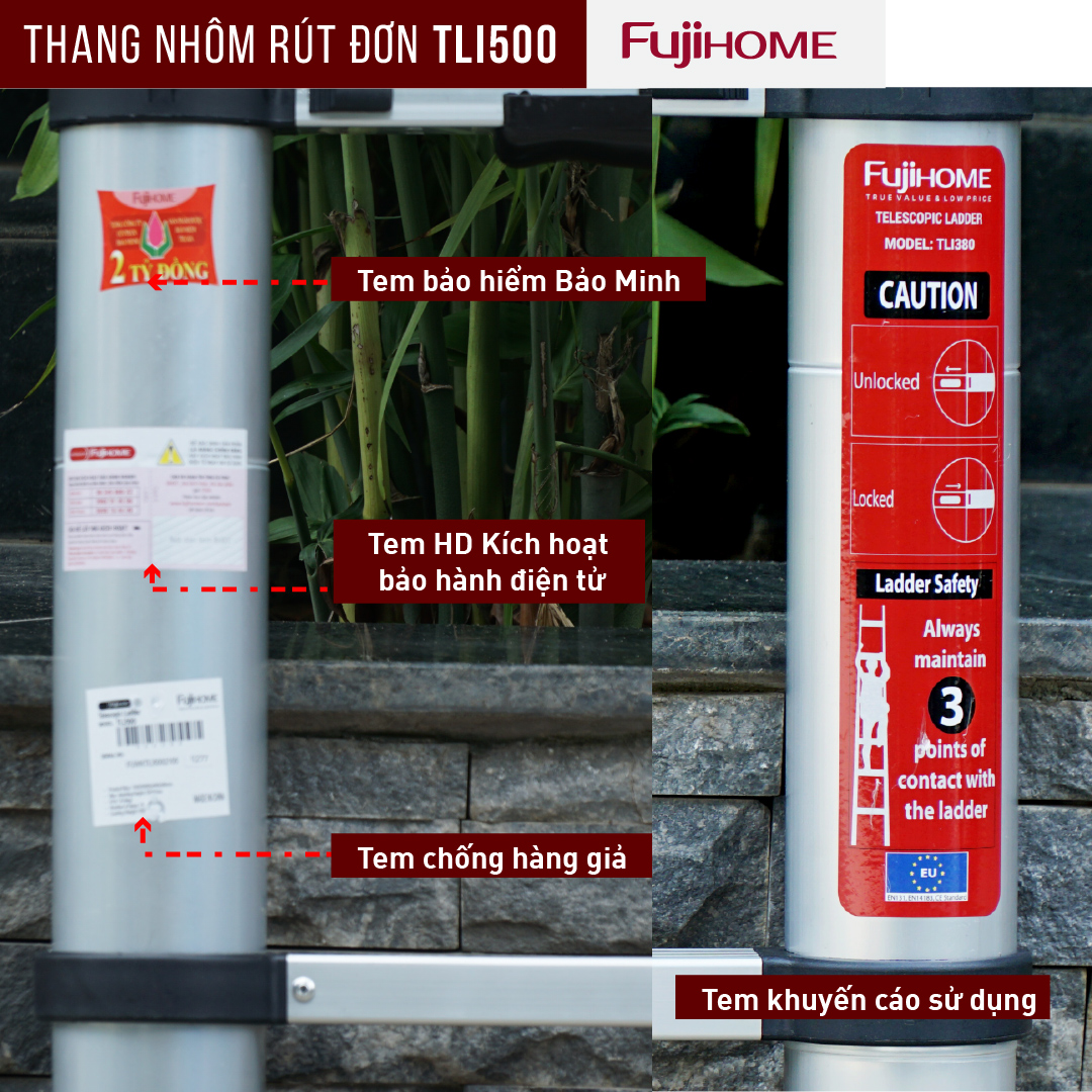 Thang nhôm FUJIHOME TLI500  rút gọn đơn nhập khẩu, Cao tối đa 5m, Hợp kim nhôm cao cấp, Độ ma sát cao chống trượt