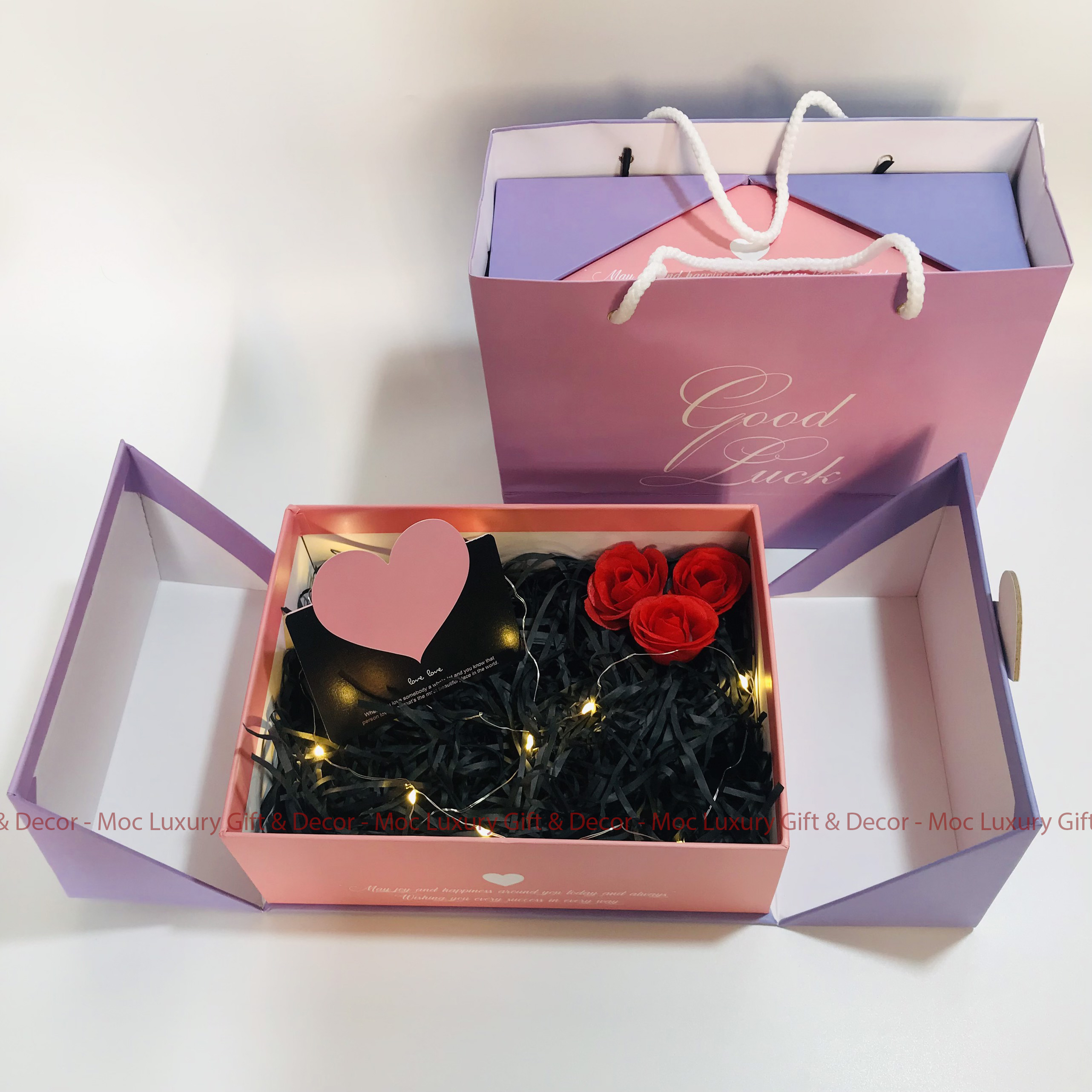 Hộp Quà Tặng Người Yêu, Hộp Quà Tặng Valentine, Kèm Túi Giấy, Đèn Led, Giấy Rơm, Thiệp