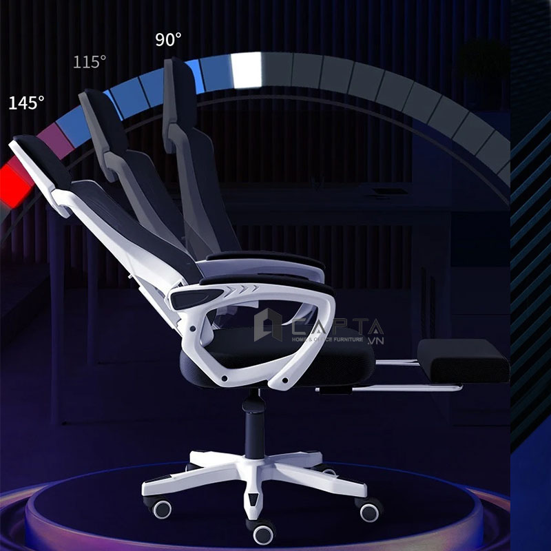 Ghế gaming khung nhựa trắng lưng lưới đen CR4312-2M Nội thất Capta Ghế làm việc tại nhà ngả lưng gác chân