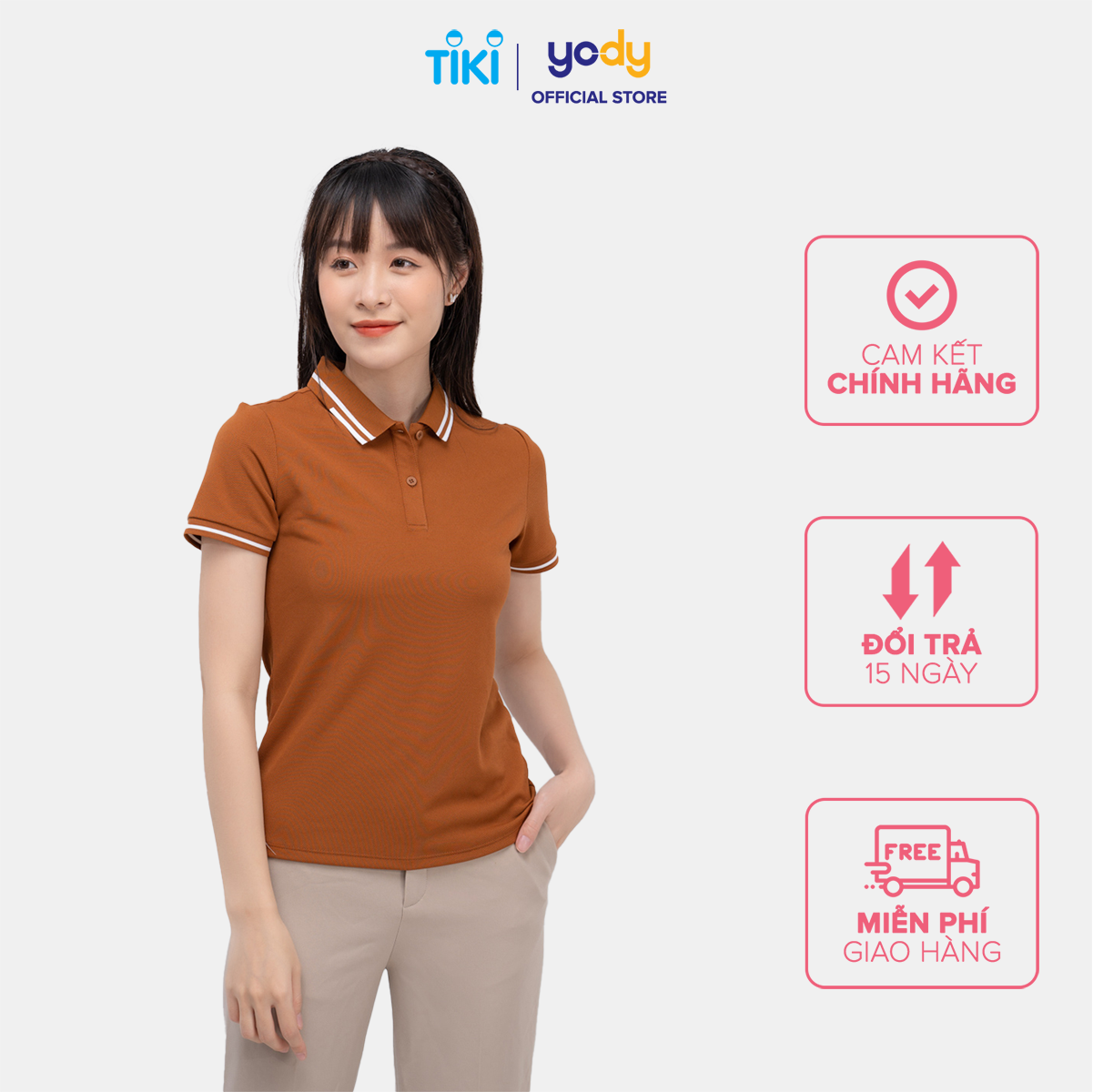 Áo polo nữ YODY chất cotton cafe bỏ kẻ APN5070