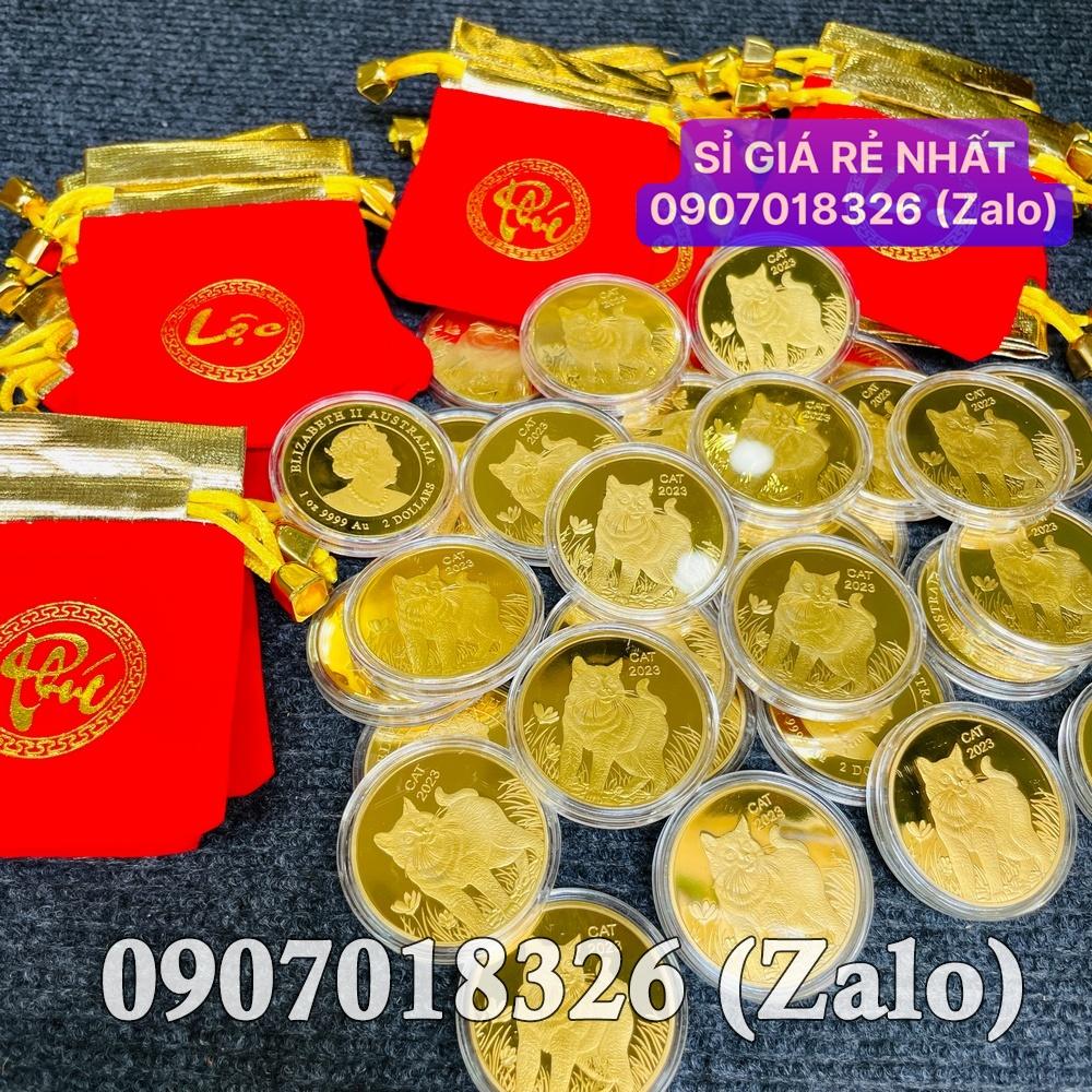 10 Đồng Xu Hình Mèo Vàng của Úc phát hành Tết 2023 - túi LỘC gấm đỏ tặng kèm mỗi xu NELI