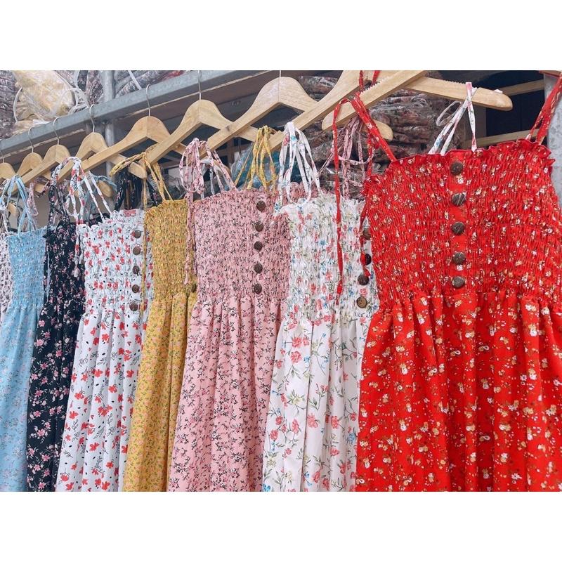 Đầm maxi hai dây cột vai đi biển đi dạo hoa nhí phối nút gỗ hình thật đủ màu siêu đẹp