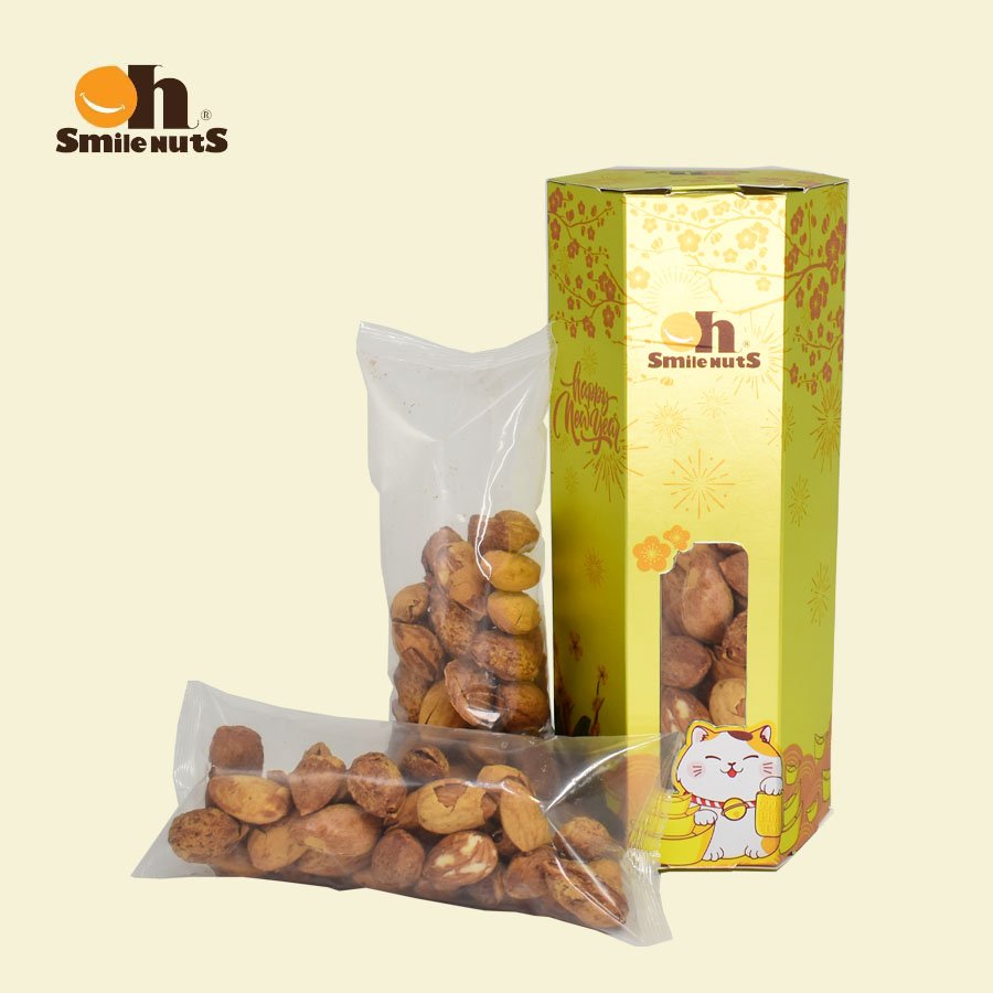 Hạt Hạnh Nhân Mỹ còn vỏ Rang bơ Smilenuts hộp 160g _ Hạnh nhân Mỹ nguyên vỏ size lớn, vỏ mỏng, rang bơ thơm ngọt, béo bùi _ Hạnh nhân Mỹ rang bơ cao cấp theo tiêu chuẩn Mỹ _ Quà tết hộp lục giác 2023