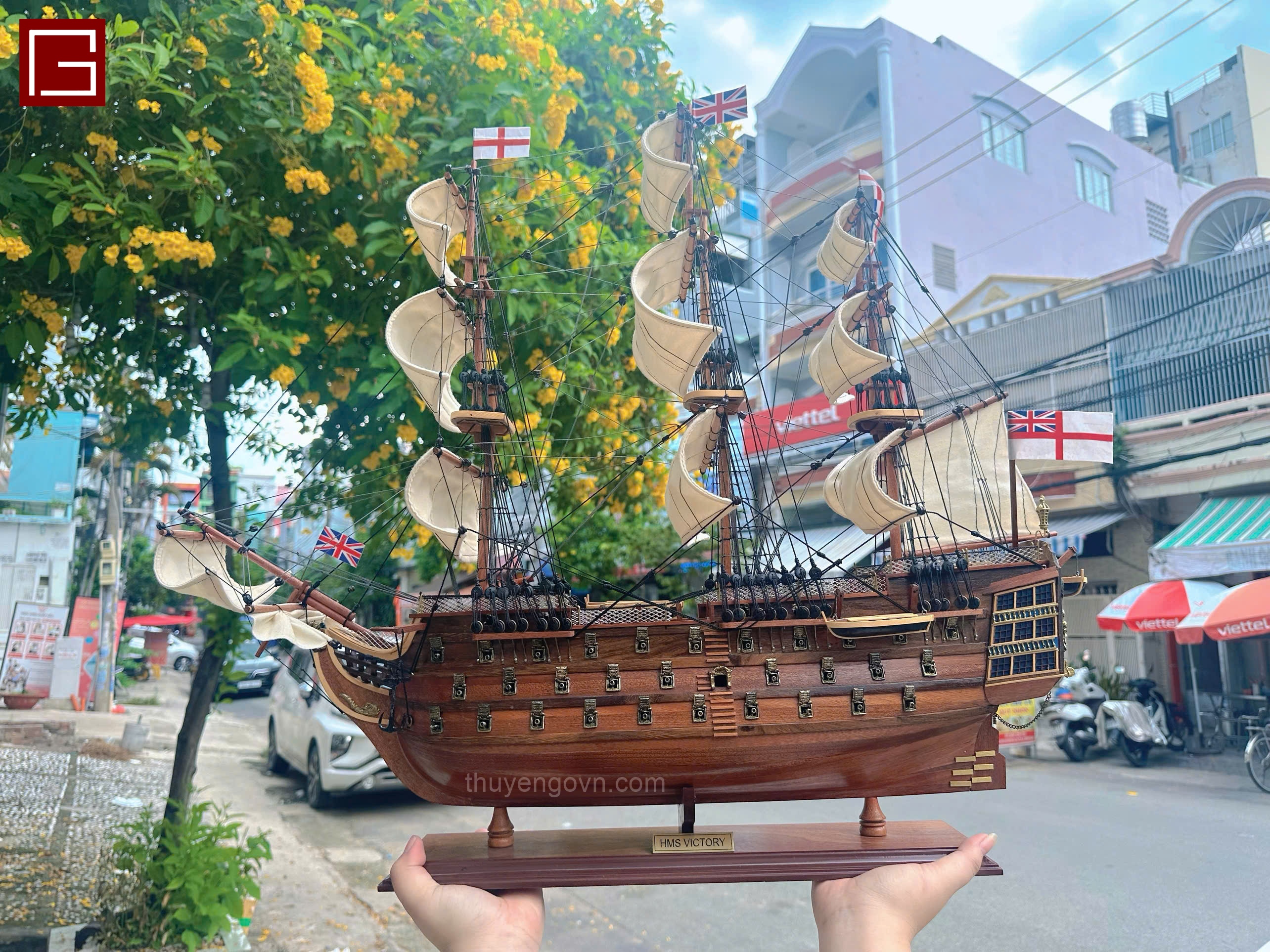 Mô Hình Thuyền Gỗ Phong Thủy Gia Nhiên, Thuyền Buồm Gỗ HMS VICTORY chất liệu gỗ tràm chuẩn xuất khẩu