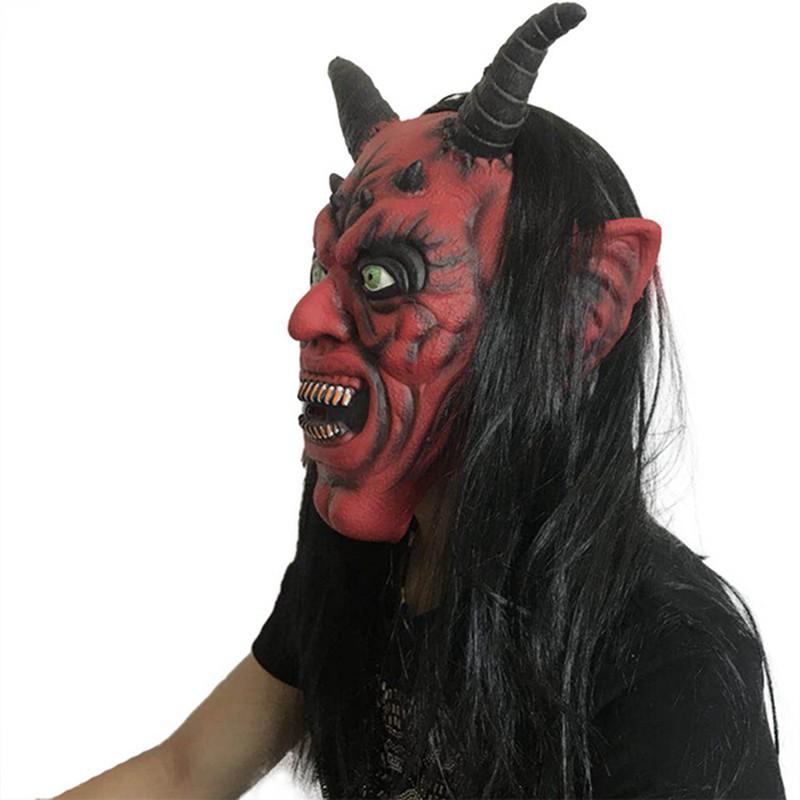 Mặt nạ đỏ 2 sừng kèm bộ tóc đen dài dùng trong hóa trang halloween,trung thu,sự kiện,lễ hội độc đáo