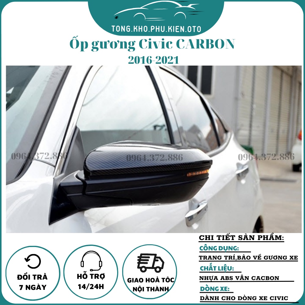 Ốp gương chiếu hậu carbon xe Honda Civic 2016 - 2021 vân Cacbon cao cấp- Bộ 2 chiếc