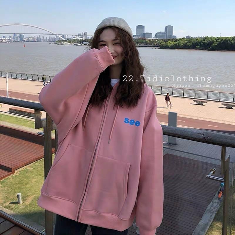 Áo khoác nỉ SEE oversize ulzzang có nón / áo chống nắng nỉ bông