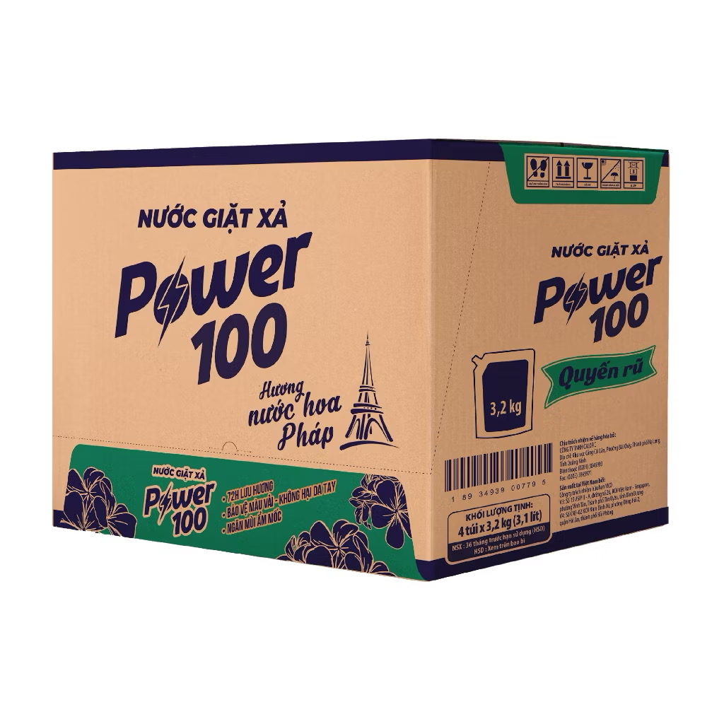 Túi Nước Giặt Xả POWER100 Hương Nước Hoa Pháp 3.2KG