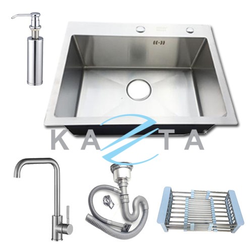 Chậu rửa bát 1 hố 60x45 kèm vòi nóng lạnh cần vuồn, bình xà bông inox, bộ xả chống hôi, rổ đa năng inox KAZTA