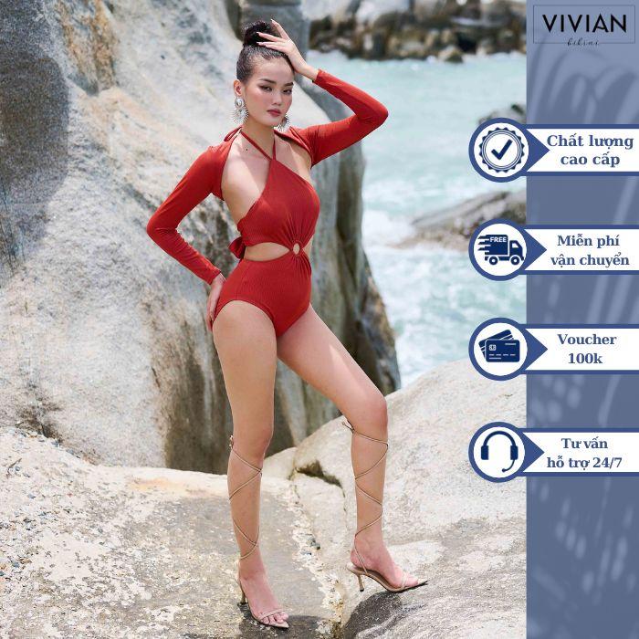 Đồ bơi nữ cao cấp dạng một mảnh yếm phối áo tay dài cover - màu Nâu - VS187_BR