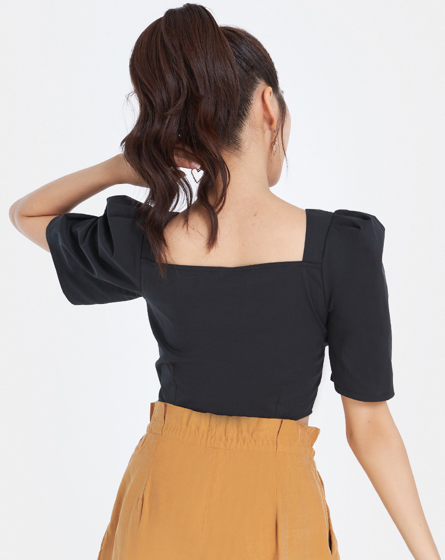 Áo Kiểu Thời Trang JUNO Croptop Tay Phồng Xếp Ly Ngực JNAKI010