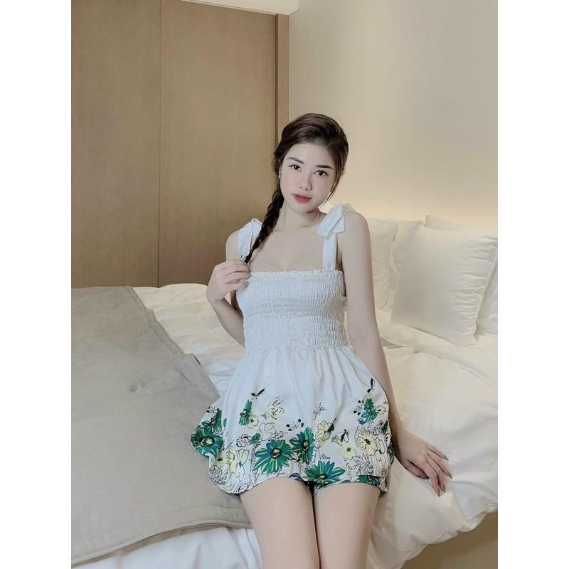 Đồ Ngủ Dây Cột Nơ Sexy Hoạ Tiết Hoa Nhúng Bèo Ngực