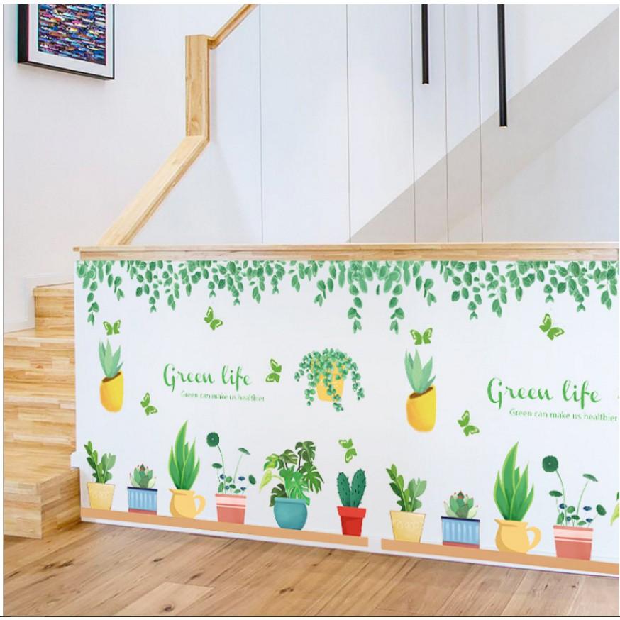 Decal trang trí tường - Nhiều chậu mini kèm lá trần Green Life