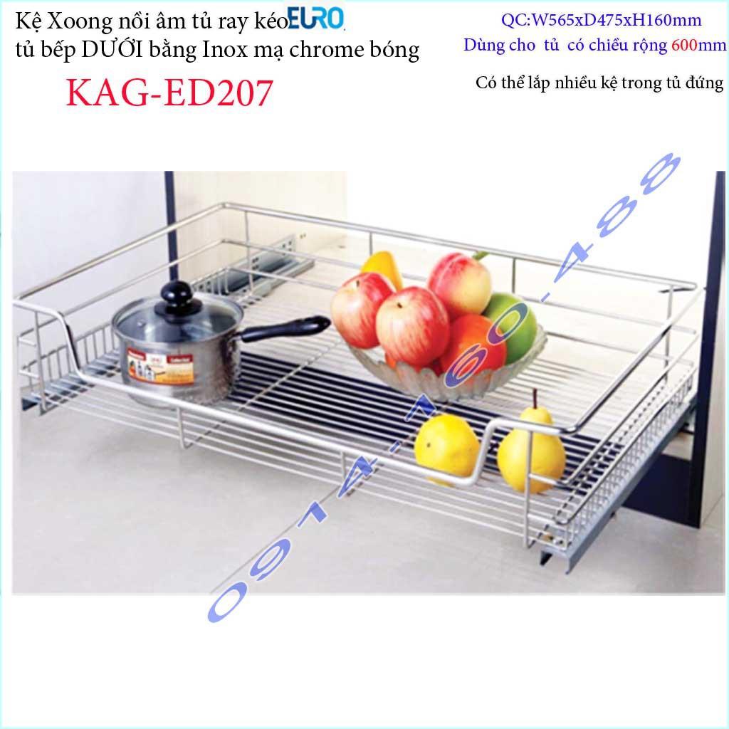 Kệ xoong nồi Euro KAG-ED207-60cm, giá xoong nồi inox âm tủ 60cm có ray giảm chấn tủ bếp dưới ray êm ái sử dụng tốt
