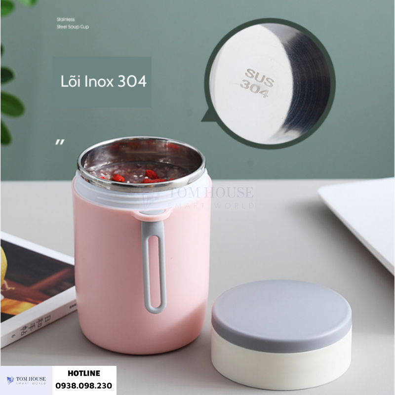 Cốc Đựng Cháo 580ML Kèm Muỗng Và Túi Giữ Nhiệt, Ruột Inox 304 Hộp Đựng Cháo Canh Soup Bền Đẹp Có Tay Xách