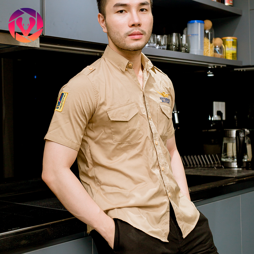 Áo phi công Thái Lan, sơ mi nam tay ngắn, vải kate, form body mạnh mẽ, nam tính