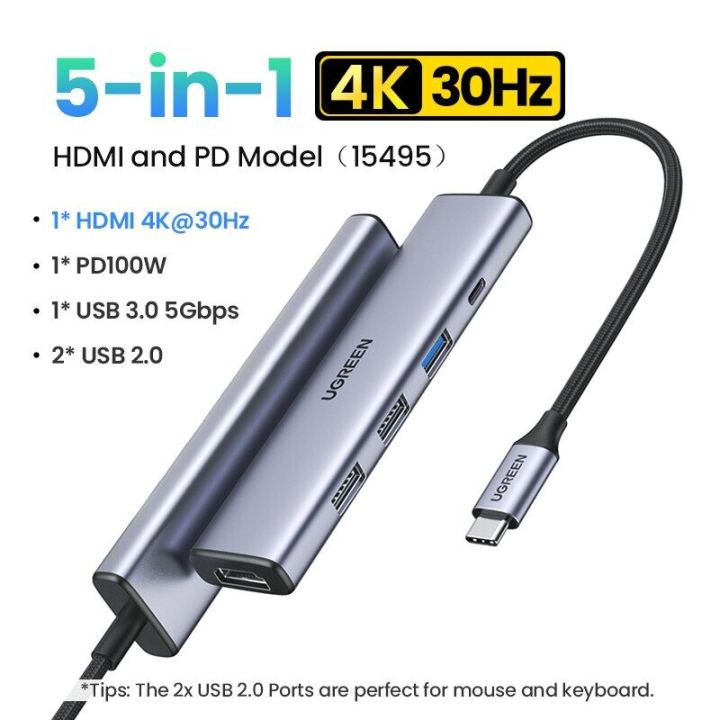 Hub USB Type-C 5 trong 1 ra HDMI 4K@30Hz, USB 2.0, USB 3.0, Sạc PD 100W Ugreen 15495 hàng chính hãng