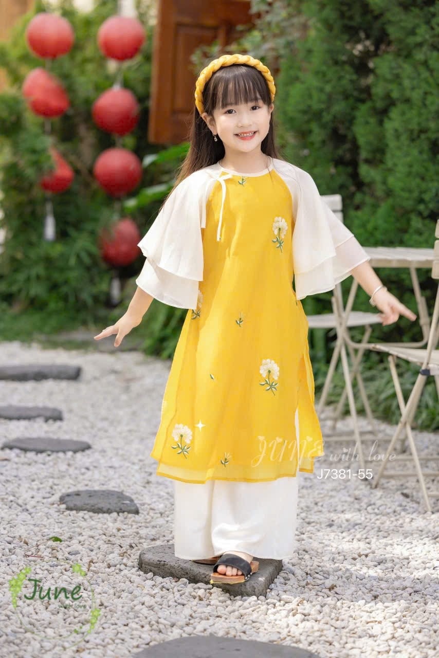 Áo dài tết cho bé gái mẫu Phú quý tay phồng xinh xắn từ 10-40kg hàng thiết kế cao cấp (kèm cài)