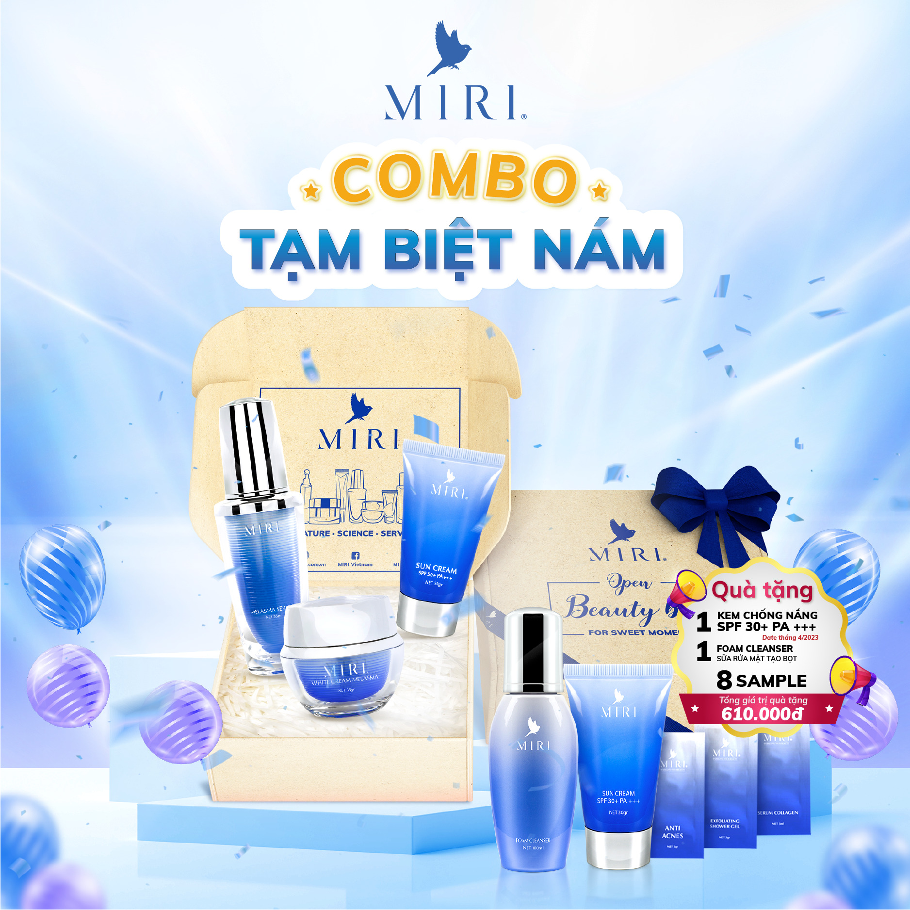 COMBO TẠM BIỆT NÁM MIRI: White Cream Melasma MIRI &amp; Melasma Serum MIR  70gram &amp; Sun Cream MIRI SPF 50+ PA+++ 30gram