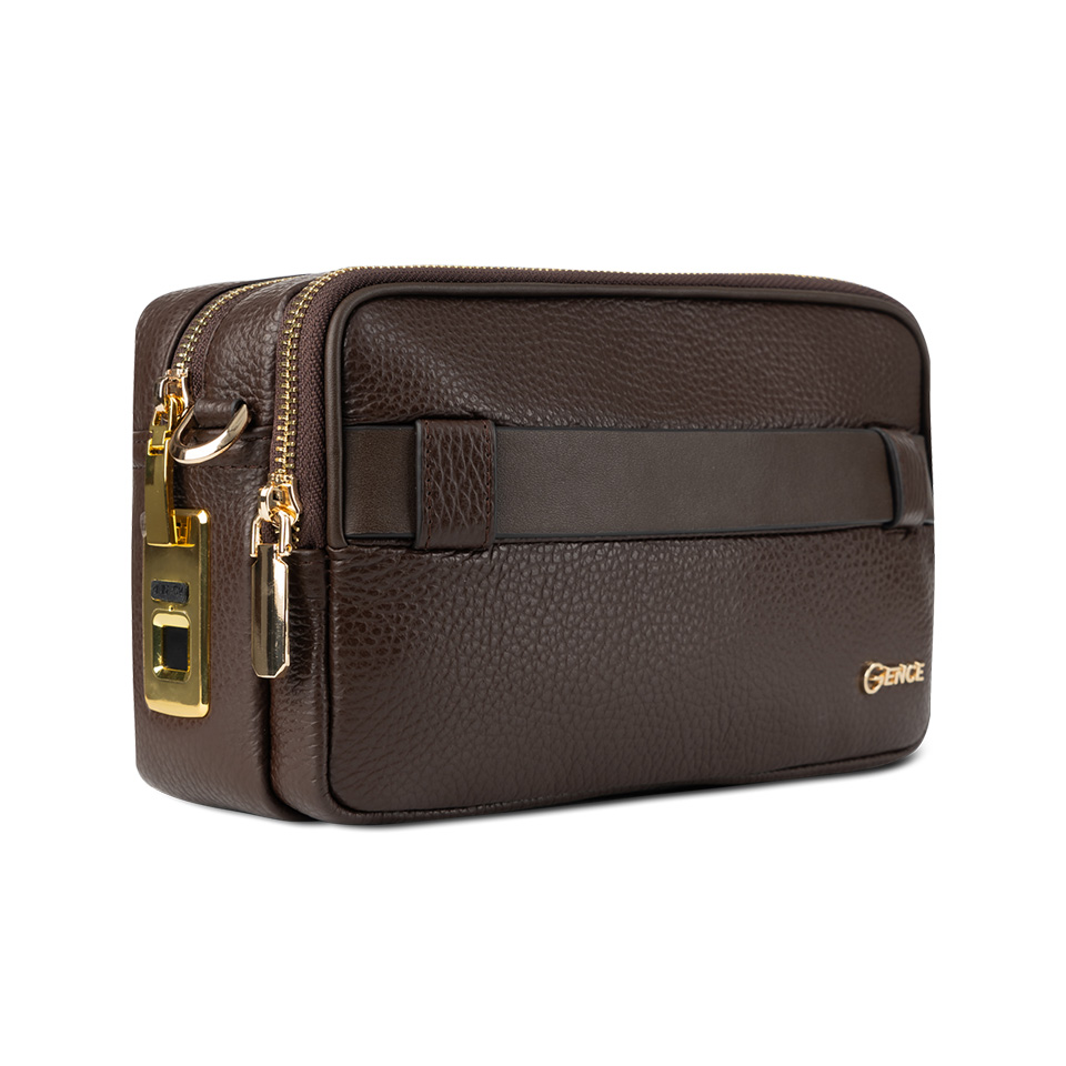 Clutch cầm tay đeo chéo da bò Togo khóa vân tay RB09 màu nâu