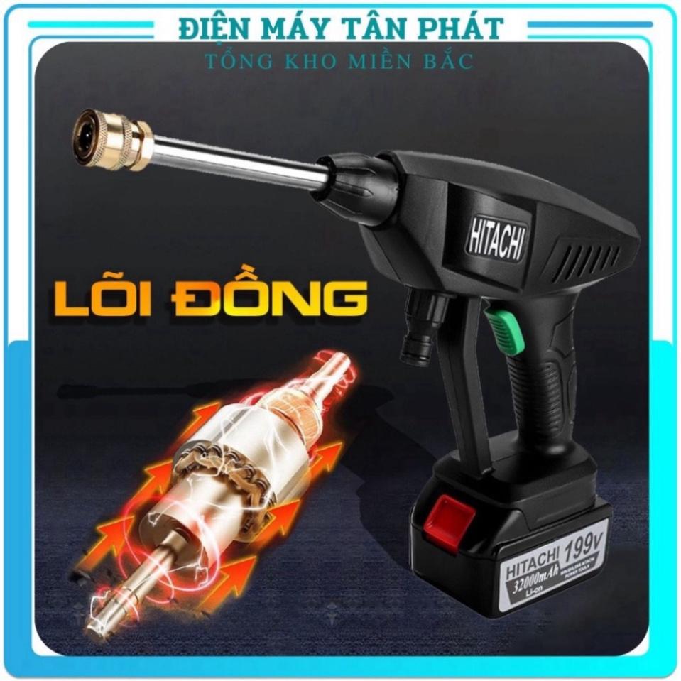 Máy xịt rửa xe máy ô tô áp lực cao bọt tuyết HITACHI 199V cầm tay PIN SẠC CỰC MẠNH dùng gia đình giá rẻ