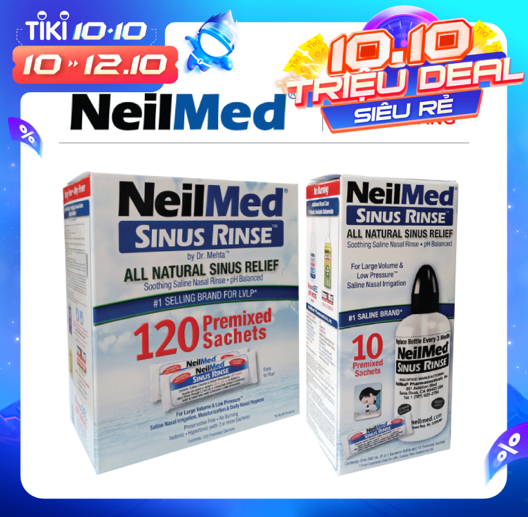 Combo Adult SinusCare : Bình Rửa Vệ Sinh Mũi Xoang Người Lớn NeilMed Sinus Rinse - SX Mỹ, Giải Pháp Tối Ưu hỗ trợ điều trị Viêm Xoang Cấp &amp; Mãn. (Bình 10 gói và Hộp 120 gói muối rửa bổ sung)