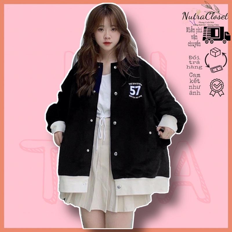 Áo khoác cardigan kaki nhung gân 1 lớp thêu số 57 phối màu unisex ulzzang nam nữ