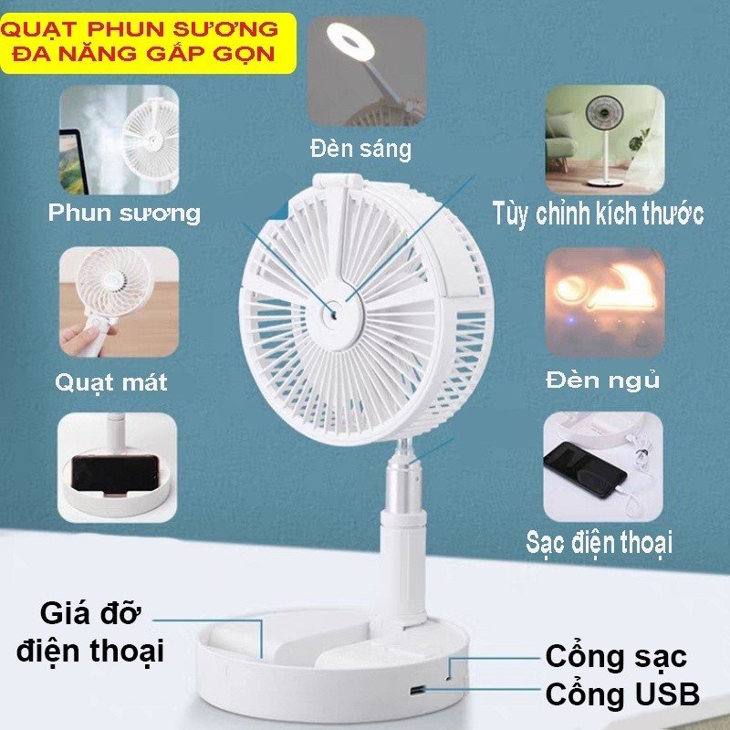 Quạt Tích Điện Pin Trâu Cỡ Lớn Kết Hợp Phun Sương, Quạt Gió Điện Mini Gấp Gọn Thông Minh, Sạc Pin, Kéo Dài 1 mét, Thiết Kế Đẹp