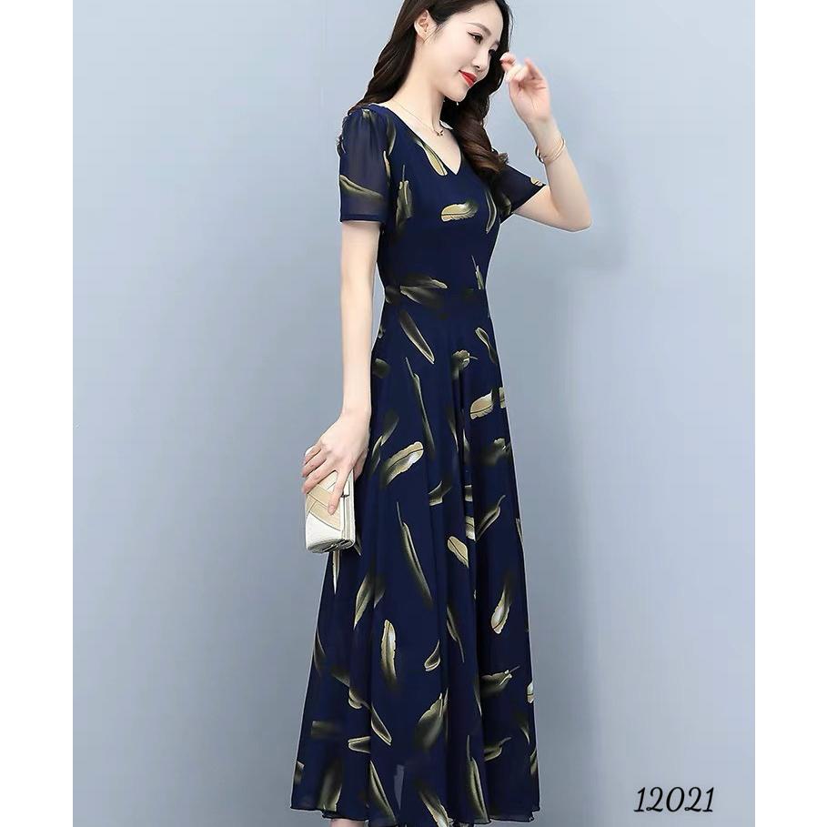 Đầm váy nữ trung niên voan mây dự tiệc dạo phố xanh đậm cao cấp
