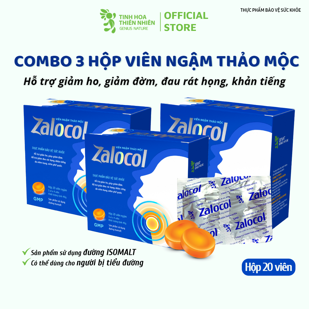 Combo 3 hộp viên ngậm thảo mộc Zalocol Hỗ trợ giảm ho, giảm đờm, giảm đau rát họng, khản tiếng - Genat