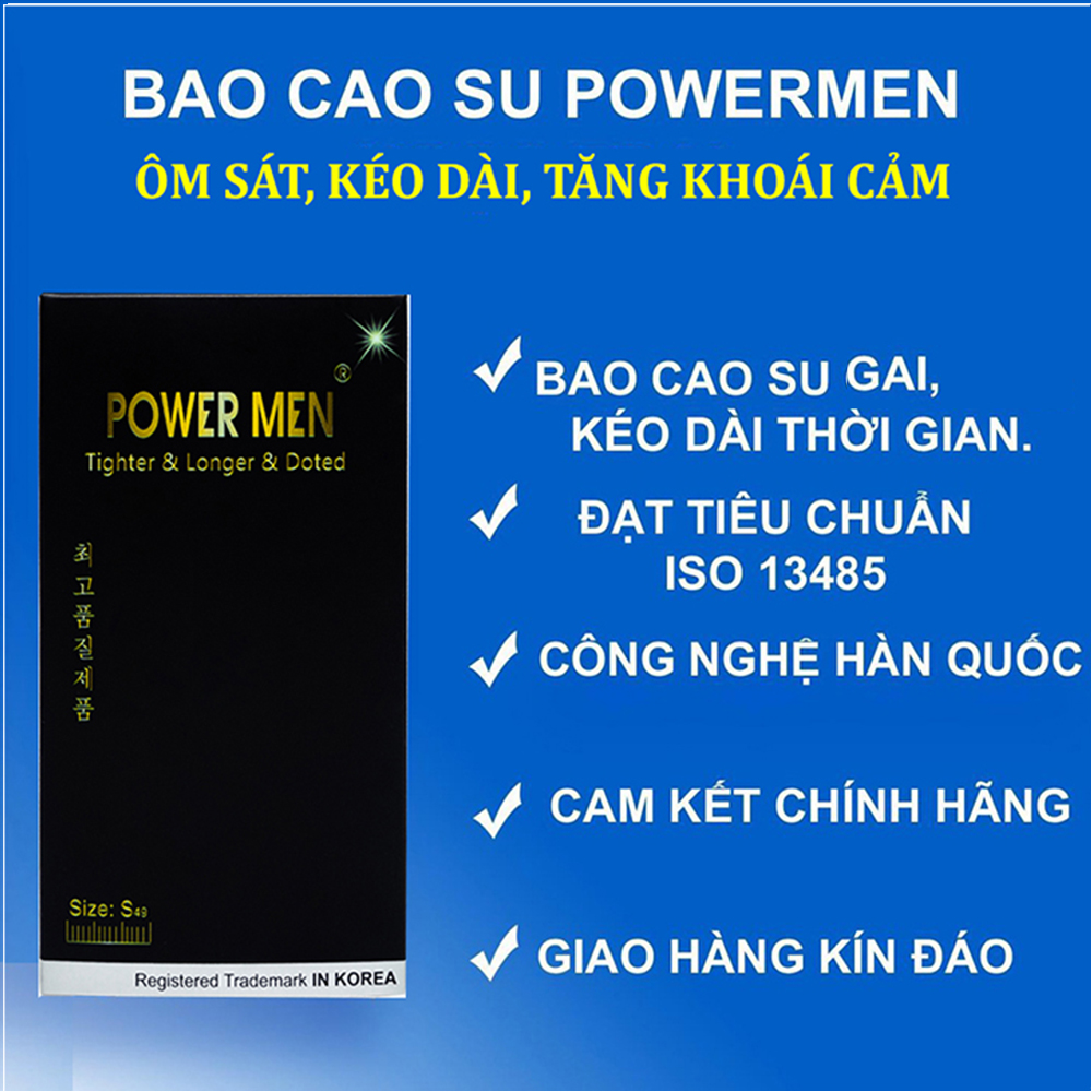 Bao cao su Power Men size nhỏ 49mm (hộp 144 cái) + TẶNG kèm Sủi sinh lý nam PowerX kéo dài thời gian- Bộ 144 BCS Powermen có Gai, ôm sát, Tăng khoái cảm, Kéo dài thời gian Chính Hãng 100%