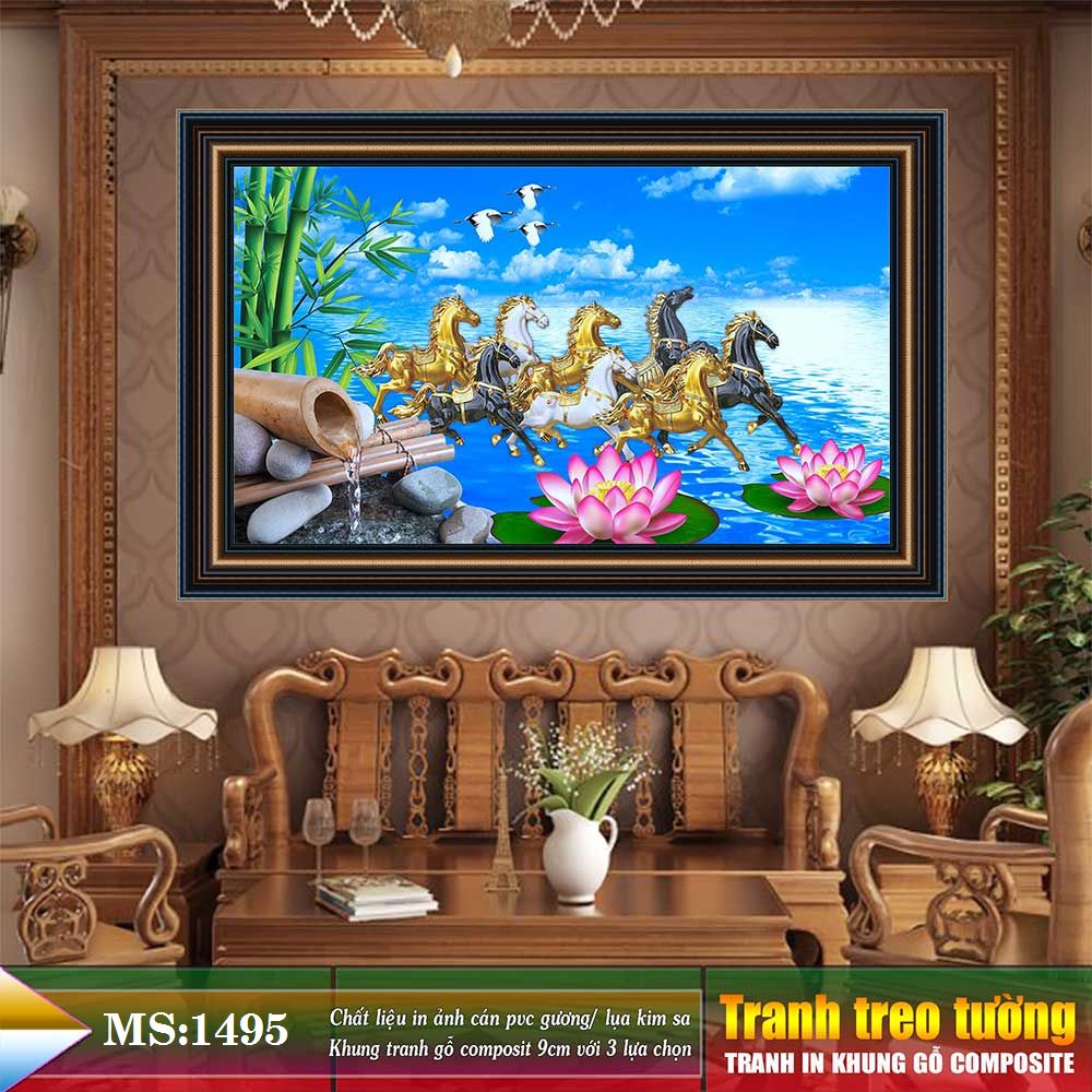 Tranh treo tường phòng khách, phòng ngủ MÃ ĐÁO THÀNH CÔNG khung gỗ composit chất liệu pvc gương / lụa kim sa. MS:1495L9