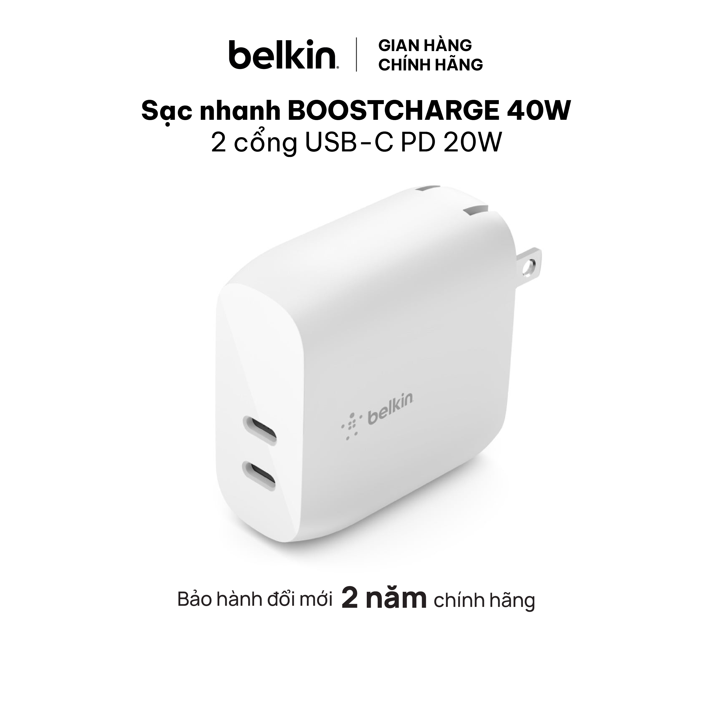 Adapter sạc nhanh BOOST↑CHARGE Belkin 40W - 2 cổng USB-C PD 20W - Hàng chính hãng
