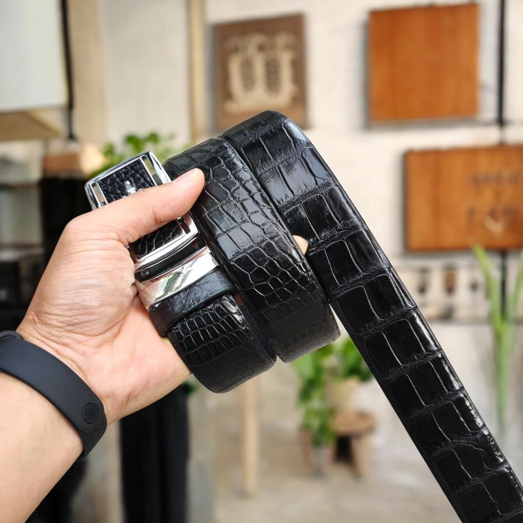 Dây lưng da cá sấu BẢN LỚN phù hợp bụng bia. Da bụng có vân đẹp linh hoạt! (mặt bạc)