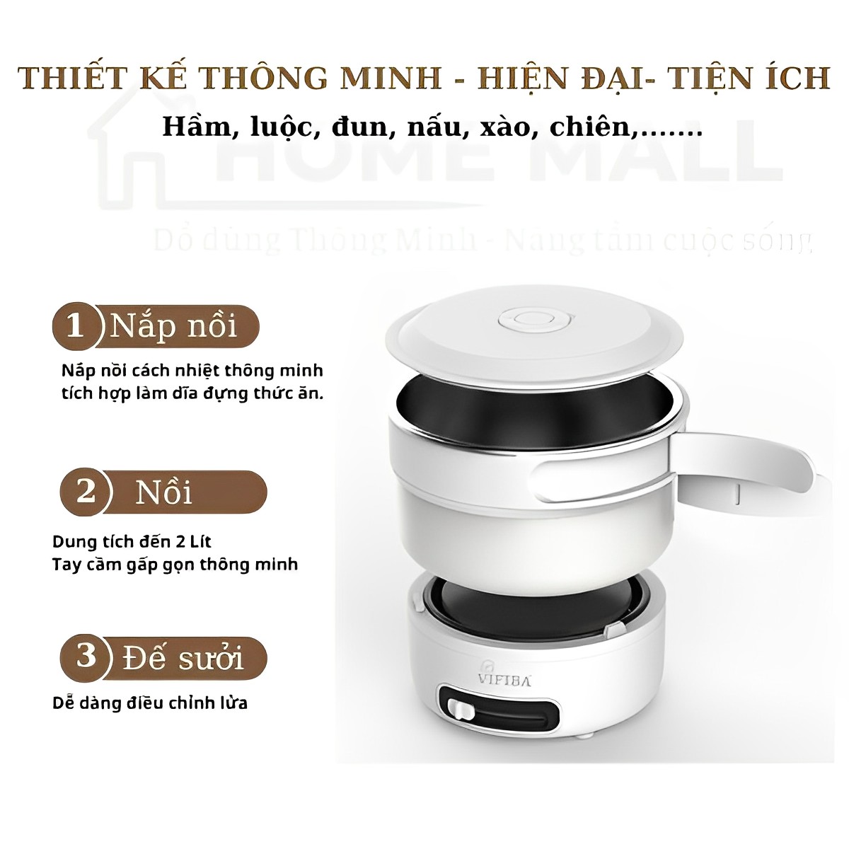 Nồi lẩu điện mini đa năng chống dính cao cấp Homea2z, combo bếp và nồi có tay cầm gấp gọn thông minh, nồi mini du lịch