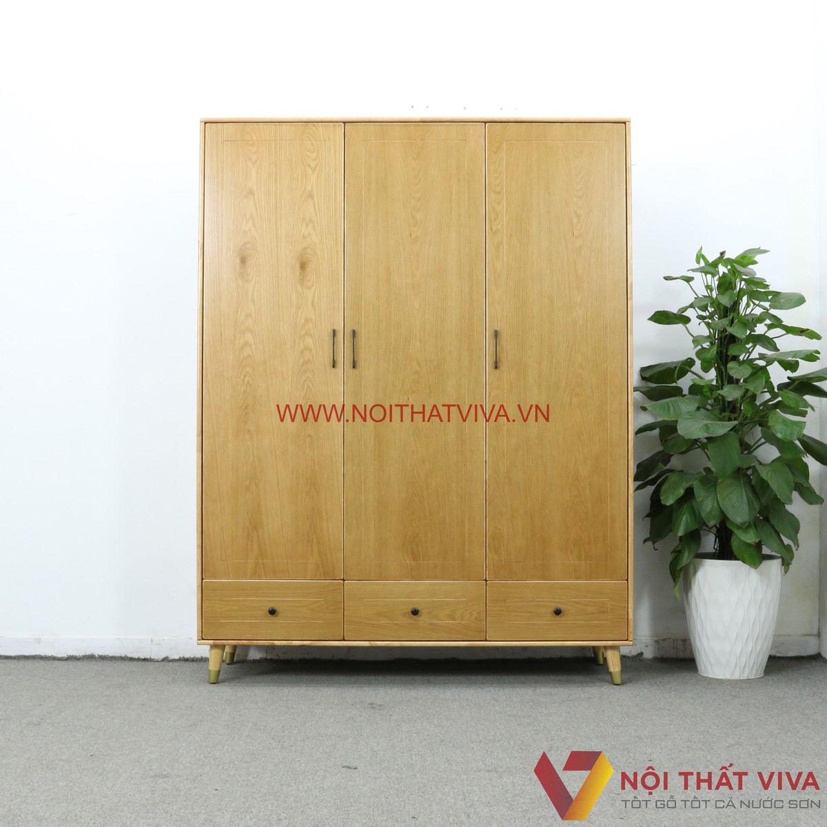 Tủ Quần Áo 3 Cánh Gỗ Tự Nhiên Màu Sồi Chân Cao Hiện Đại Đẹp Giá Rẻ