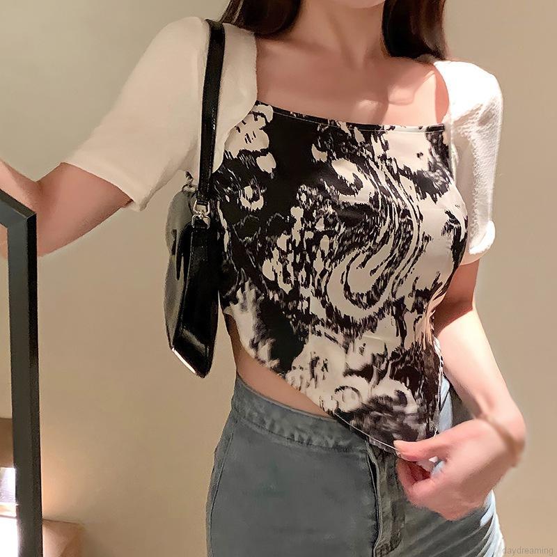 Áo Thun Tay Ngắn Cổ Vuông Thiết Kế Độc Đáo Cá Tính Cho Nữ