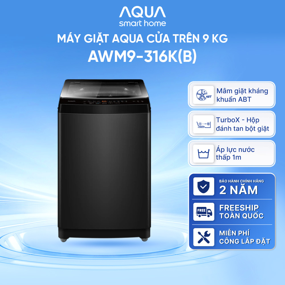 Máy giặt Aqua 9 kg AWM9-316K(B) - Bảo hành 2 năm - Hỗ trợ lắp đặt - Hàng chính hãng