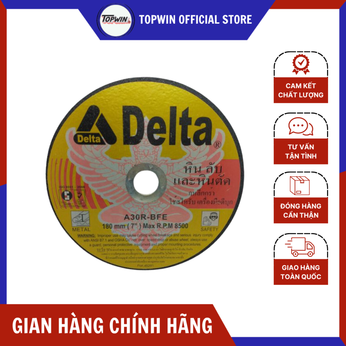 (1 Viên) Đá Cắt Kim Loại Delta 180x2x22mm Thiết Kế Lưỡi Đá Sắc Nét và Chống Mài Mòn | TOPWIN Official Store