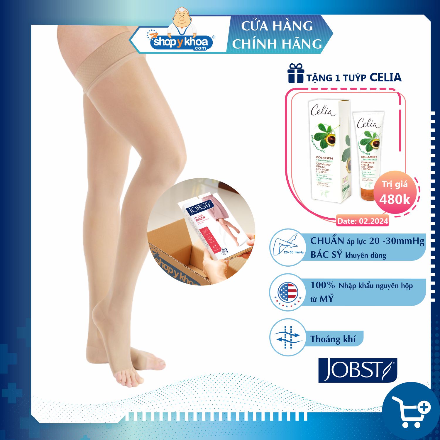 Combo 2 đôi Vớ y khoa đùi silicone JOBST UltraSheer - Siêu mỏng, màu da,hở ngón, 20-30mmHg, giãn tĩnh mạch chân