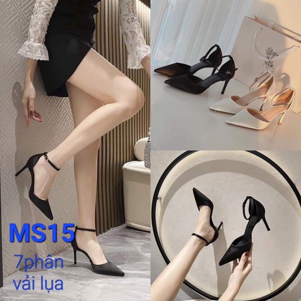 Giày Sandal Bít Mũi Cao Gót Nữ 7 Phân Gót Nhọn Vải Lụa - MS 015