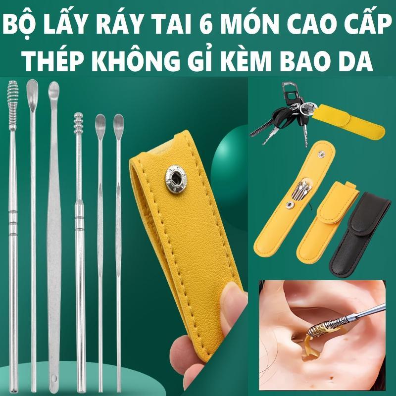 Bộ 6 Món Dụng Cụ Lấy Ráy Tai Cao Cấp An Toàn, Đã Ngứa, Cạo Cứt Ráy Khô, Ẩm, Làm Sạch Tai Kèm Túi Da Làm Móc Chìa Khóa - Ngẩu Nhiên