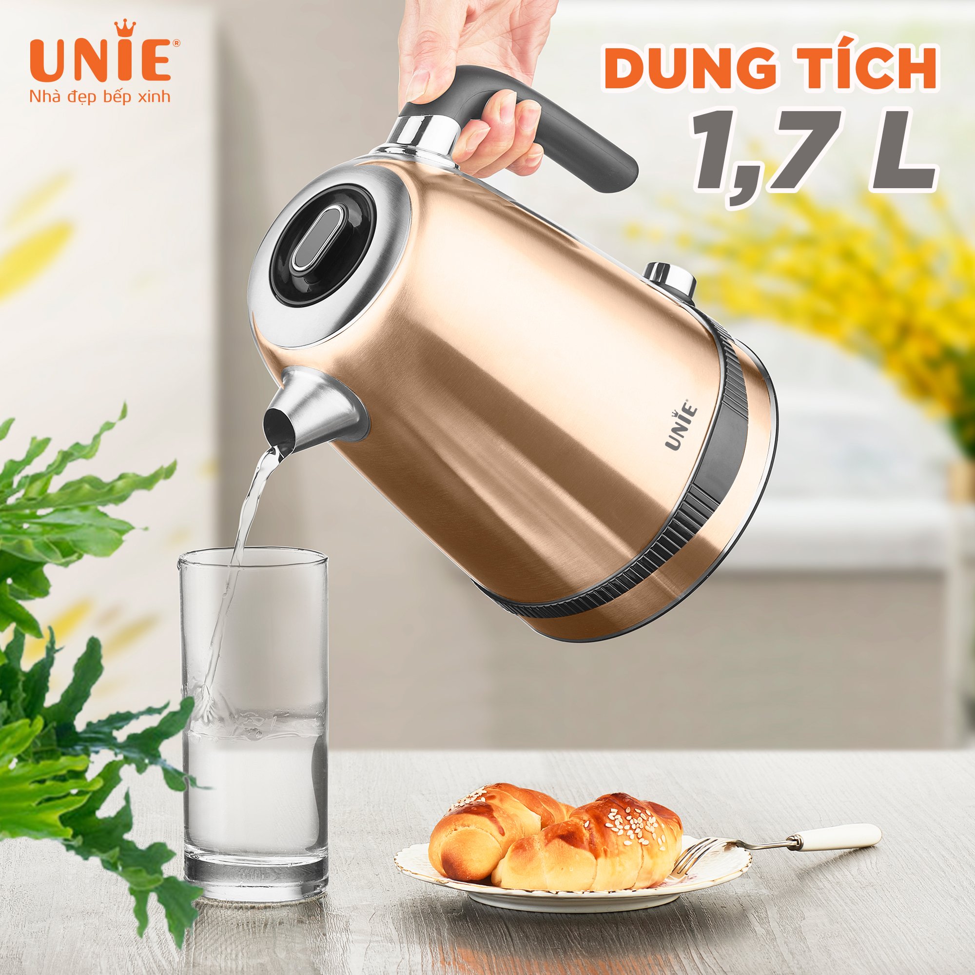 Ấm Siêu Tốc Cao Cấp UNIE UEK1762C Tiêu Chuẩn Đức Vỏ 5 Lớp Inox Sang Trọng, Dung Tích 1.7 Lít Công Suất Cao 2200 W - Hàng Chính Hãng