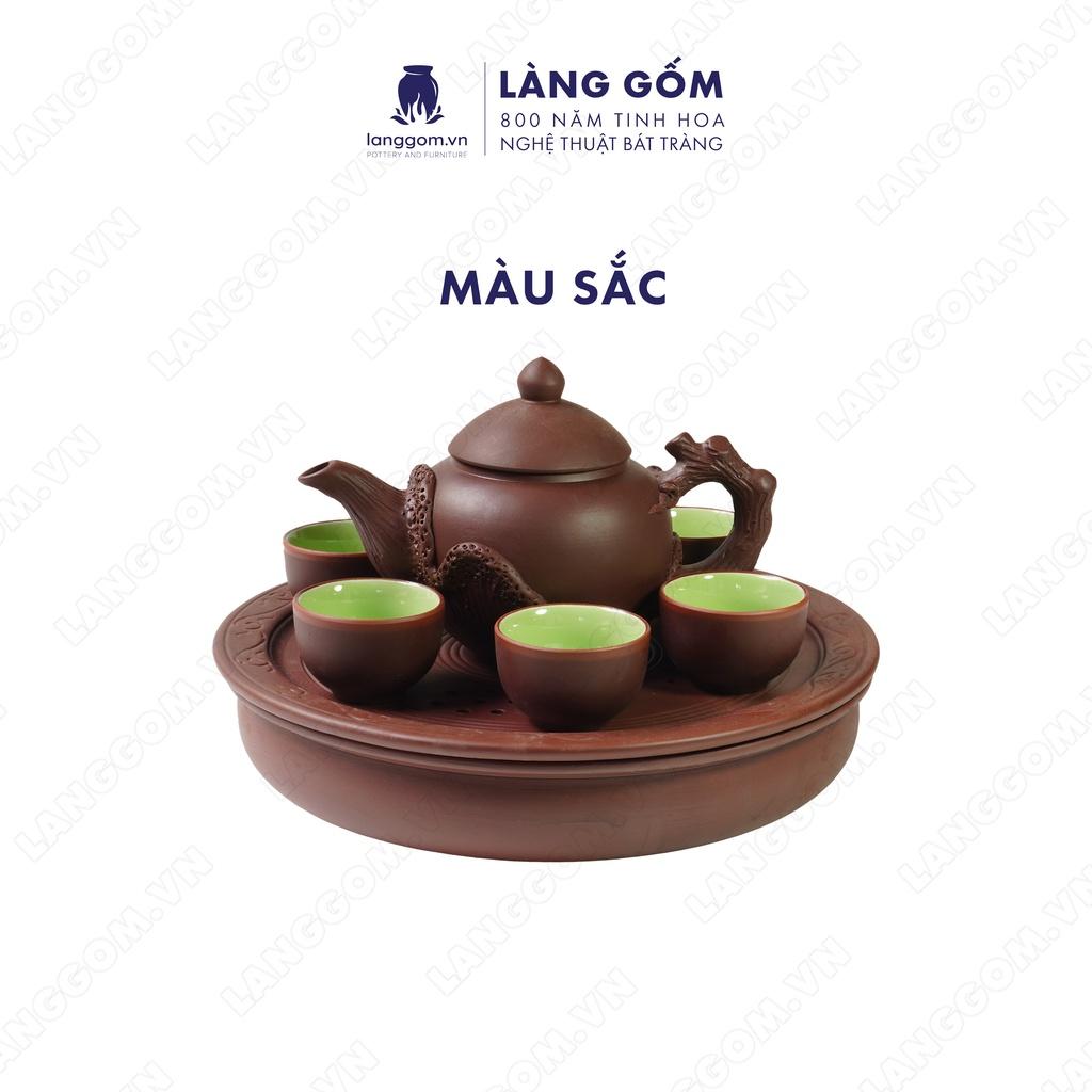 Bộ ấm chén đất nung gốc cây + khay 2 tầng - Men mộc - Gốm sứ Bát Tràng - langgom.vn