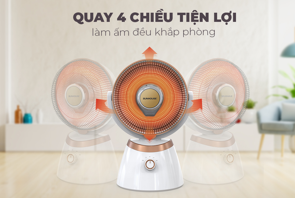 Quạt sưởi carbon Sunhouse SHD7008, Công suất 800W, Có 2 mức nhiệt, Quay 4 chiều tiện lợi, Tự ngắt khi quá nhiệt, nghiêng đổ, Hàng chính hãng - Bảo hành 12 tháng