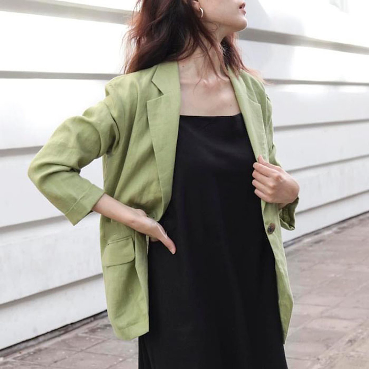 Áo vest blazer Linen nữ túi bổ 1 khuy trẻ trung - Xanh cốm