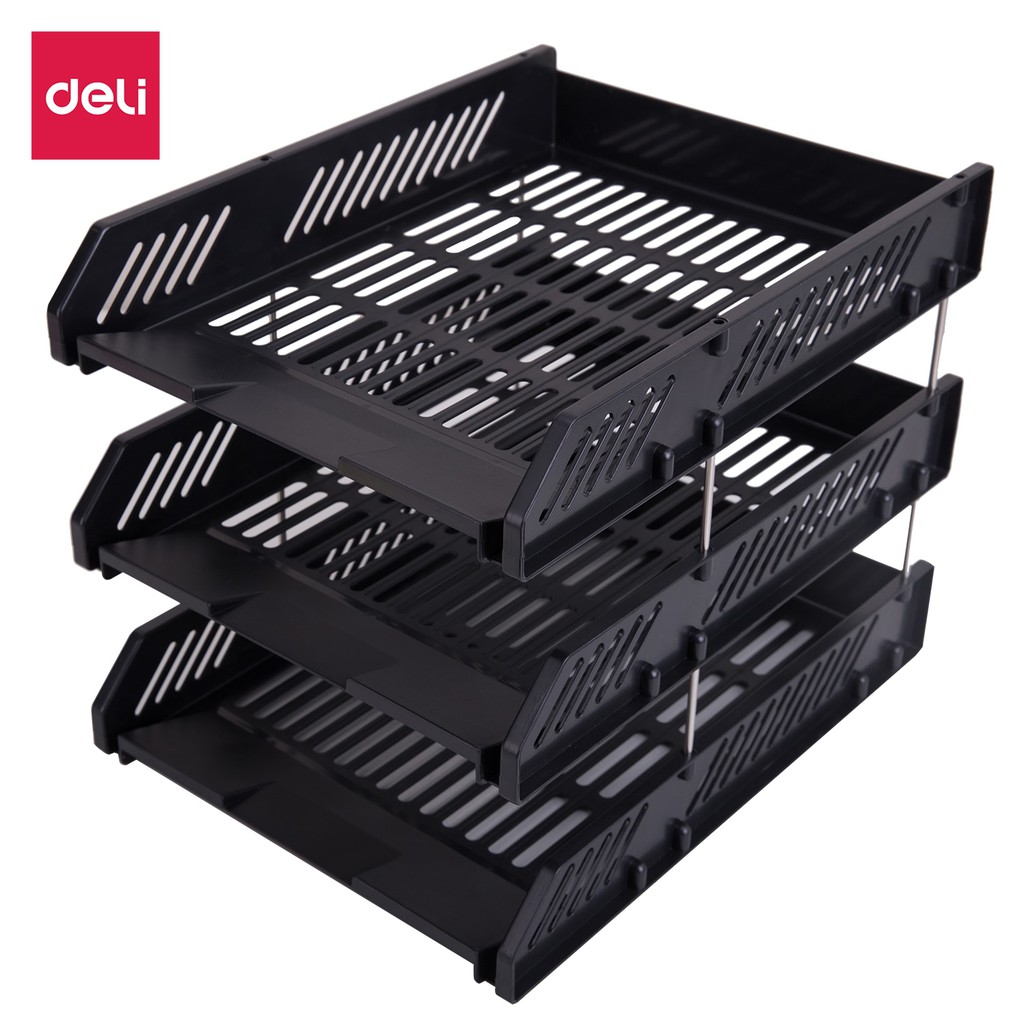 Giá tài liệu nhựa 3 ngăn Deli - Ghi xám/ Xanh dương/ Đen - 1 chiếc - E9209
